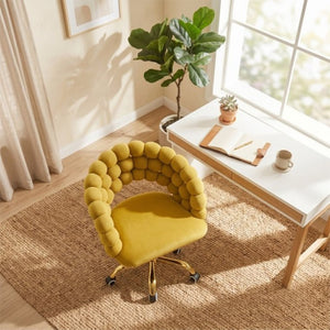 English Elm Velvet Bubble Back Swivel Vanity Chair with Gold Base for Glam Bedroom Dressing Yellow W3875P457940