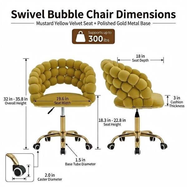 English Elm Velvet Bubble Back Swivel Vanity Chair with Gold Base for Glam Bedroom Dressing Yellow W3875P457940
