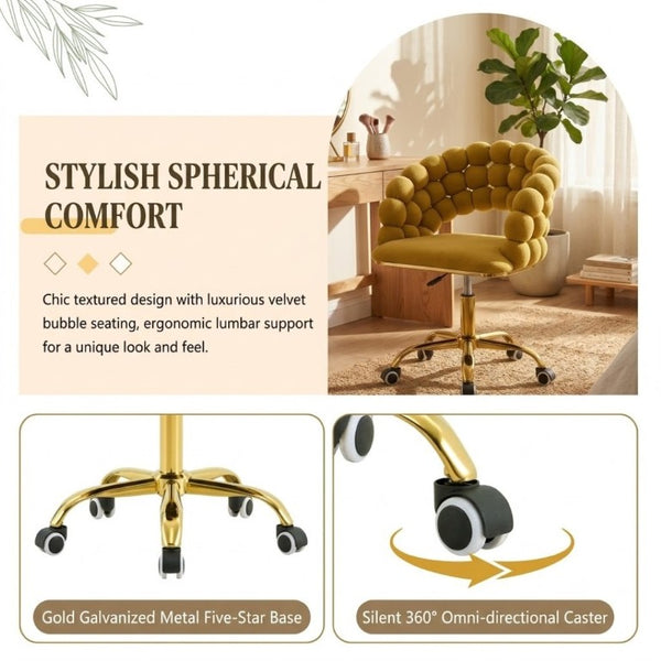 English Elm Velvet Bubble Back Swivel Vanity Chair with Gold Base for Glam Bedroom Dressing Yellow W3875P457940