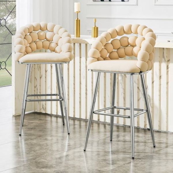 English Elm Bubble Cloud Velvet Counter Stools Set of 2 with Sculpted Back for Kitchen Island Bar Beige Chrome W3875P462106