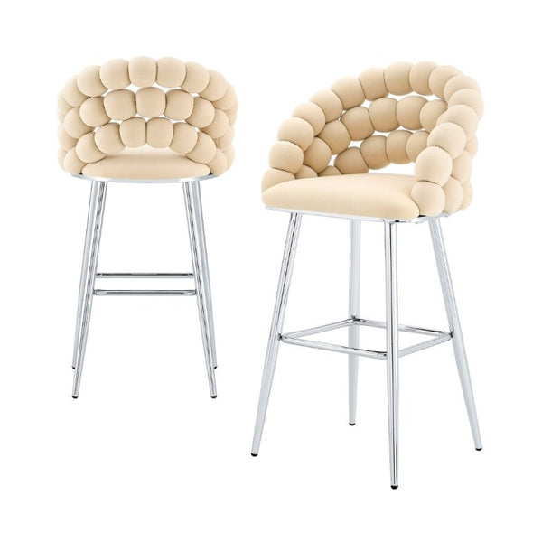 English Elm Bubble Cloud Velvet Counter Stools Set of 2 with Sculpted Back for Kitchen Island Bar Beige Chrome W3875P462106