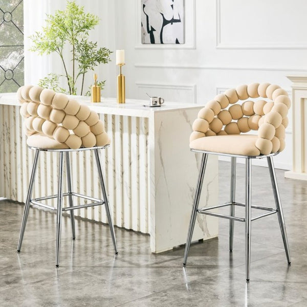 English Elm Bubble Cloud Velvet Counter Stools Set of 2 with Sculpted Back for Kitchen Island Bar Beige Chrome W3875P462106