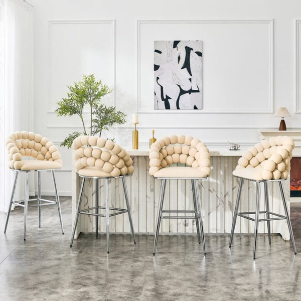 English Elm Bubble Cloud Velvet Counter Stools Set of 2 with Sculpted Back for Kitchen Island Bar Beige Chrome W3875P462106