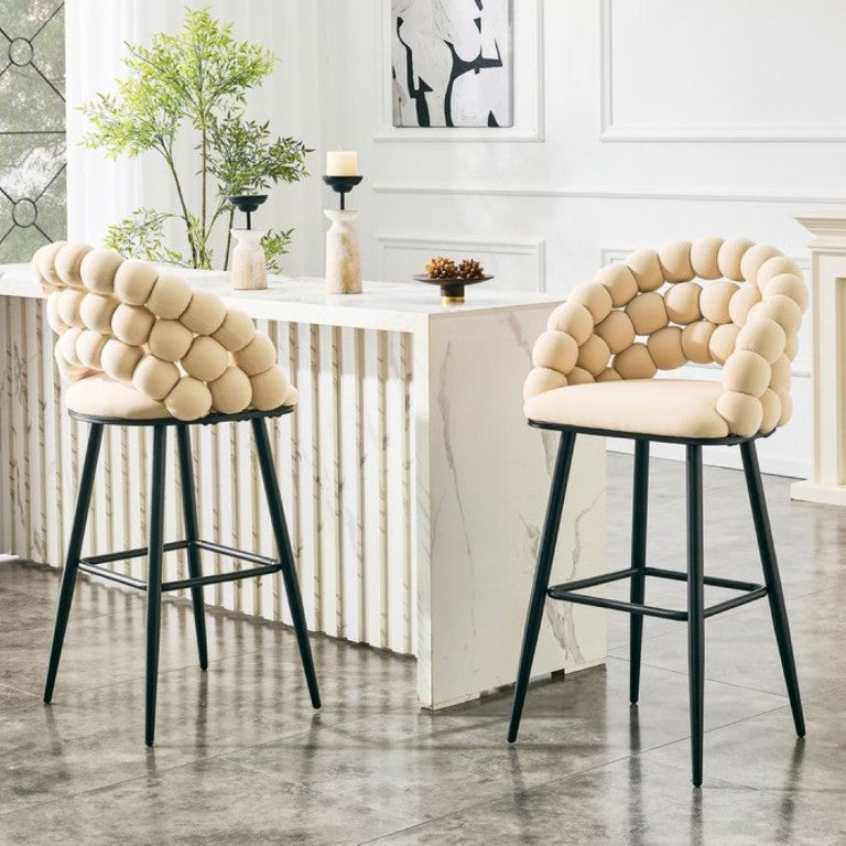 English Elm Bubble Cloud Velvet Counter Stools Set of 2 with Sculpted Back for Kitchen Island Bar Beige Matte Black W3875P462108
