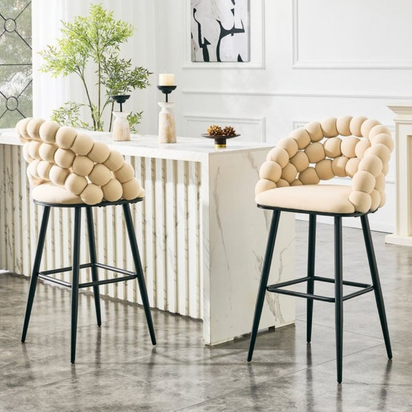 English Elm Bubble Cloud Velvet Counter Stools Set of 2 with Sculpted Back for Kitchen Island Bar Beige Matte Black W3875P462108