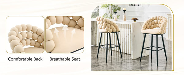 English Elm Bubble Cloud Velvet Counter Stools Set of 2 with Sculpted Back for Kitchen Island Bar Beige Matte Black W3875P462108
