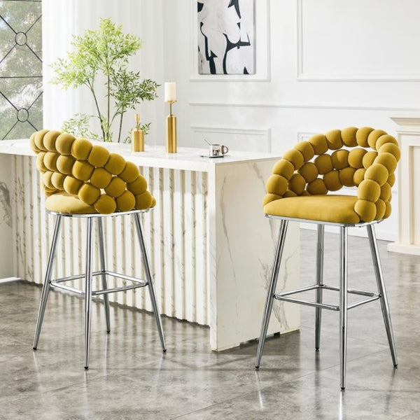 English Elm Bubble Cloud Velvet Counter Stools Set of 2 with Sculpted Back for Kitchen Island Bar Mustard Yellow Silver W3875P462110
