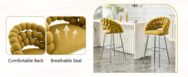 English Elm Bubble Cloud Velvet Counter Stools Set of 2 with Sculpted Back for Kitchen Island Bar Mustard Yellow Silver W3875P462110