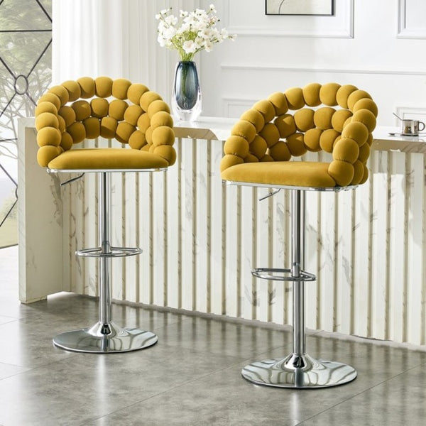 English Elm Adjustable Velvet Swivel Barstools with Bubble Backrest Chrome Base for Kitchen Island Silver, Yellow W3875P462111