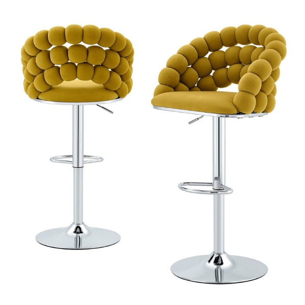 English Elm Adjustable Velvet Swivel Barstools with Bubble Backrest Chrome Base for Kitchen Island Silver, Yellow W3875P462111