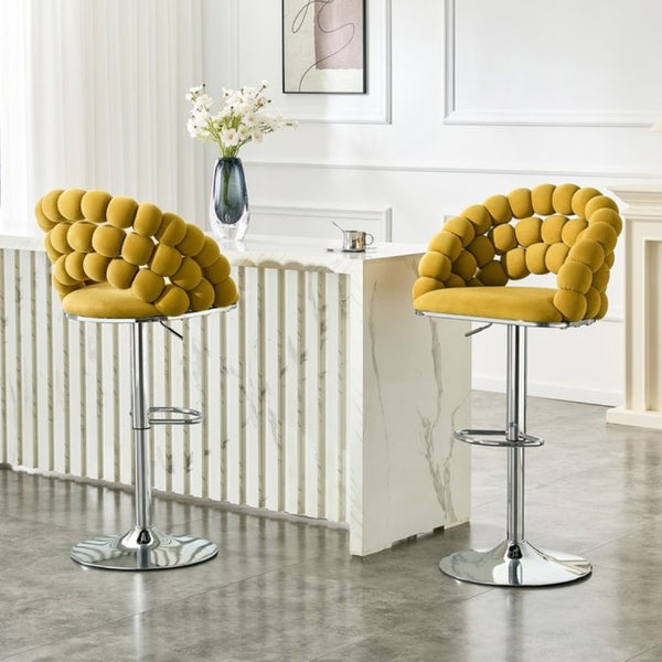 English Elm Adjustable Velvet Swivel Barstools with Bubble Backrest Chrome Base for Kitchen Island Silver, Yellow W3875P462111