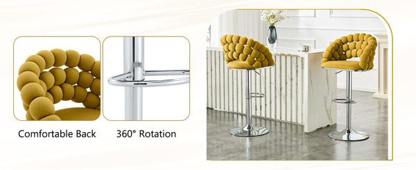 English Elm Adjustable Velvet Swivel Barstools with Bubble Backrest Chrome Base for Kitchen Island Silver, Yellow W3875P462111