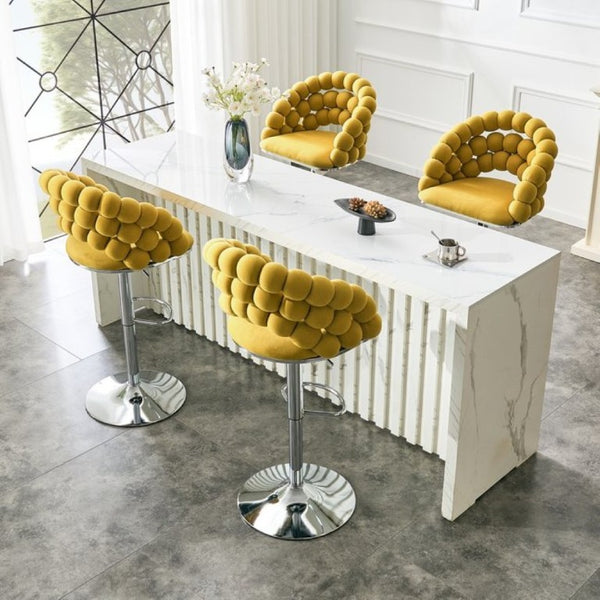 English Elm Adjustable Velvet Swivel Barstools with Bubble Backrest Chrome Base for Kitchen Island Silver, Yellow W3875P462111