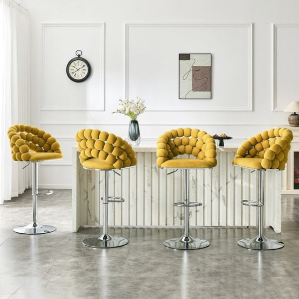 English Elm Adjustable Velvet Swivel Barstools with Bubble Backrest Chrome Base for Kitchen Island Silver, Yellow W3875P462111