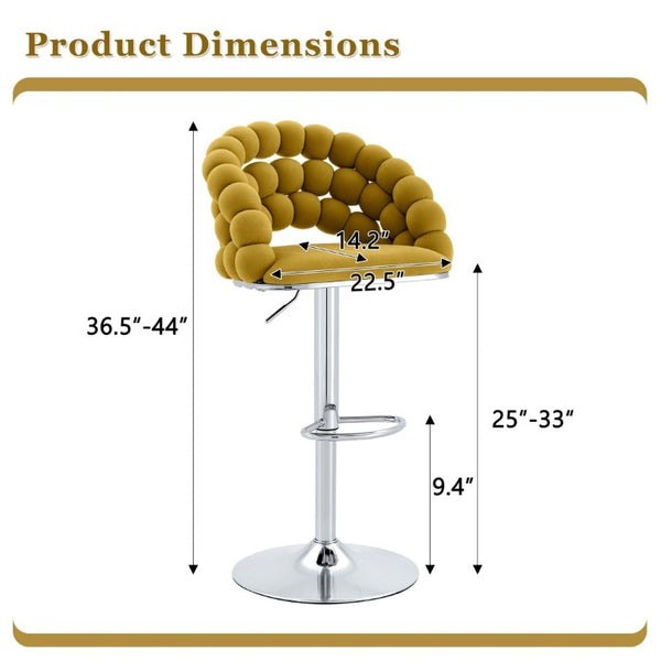 English Elm Adjustable Velvet Swivel Barstools with Bubble Backrest Chrome Base for Kitchen Island Silver, Yellow W3875P462111