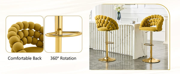 English Elm Adjustable Velvet Swivel Barstools with Bubble Backrest Chrome Base for Kitchen Island Gold, Yellow W3875P462112
