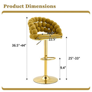 English Elm Adjustable Velvet Swivel Barstools with Bubble Backrest Chrome Base for Kitchen Island Gold, Yellow W3875P462112