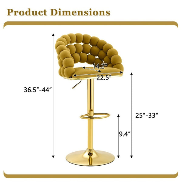 English Elm Adjustable Velvet Swivel Barstools with Bubble Backrest Chrome Base for Kitchen Island Gold, Yellow W3875P462112
