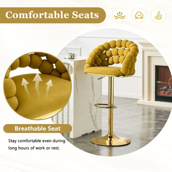 English Elm Adjustable Velvet Swivel Barstools with Bubble Backrest Chrome Base for Kitchen Island Gold, Yellow W3875P462112
