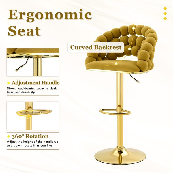 English Elm Adjustable Velvet Swivel Barstools with Bubble Backrest Chrome Base for Kitchen Island Gold, Yellow W3875P462112