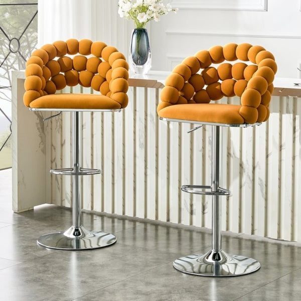 English Elm Adjustable Velvet Swivel Barstools with Bubble Backrest Chrome Base for Kitchen Island Orange, Silver W3875P462113