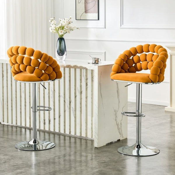 English Elm Adjustable Velvet Swivel Barstools with Bubble Backrest Chrome Base for Kitchen Island Orange, Silver W3875P462113