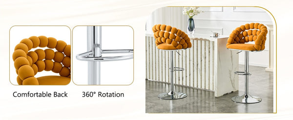 English Elm Adjustable Velvet Swivel Barstools with Bubble Backrest Chrome Base for Kitchen Island Orange, Silver W3875P462113