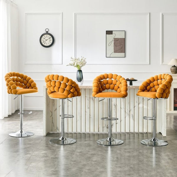 English Elm Adjustable Velvet Swivel Barstools with Bubble Backrest Chrome Base for Kitchen Island Orange, Silver W3875P462113