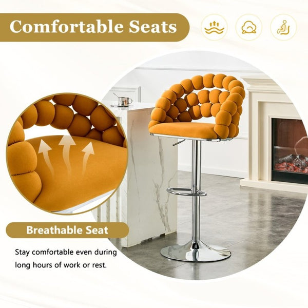 English Elm Adjustable Velvet Swivel Barstools with Bubble Backrest Chrome Base for Kitchen Island Orange, Silver W3875P462113