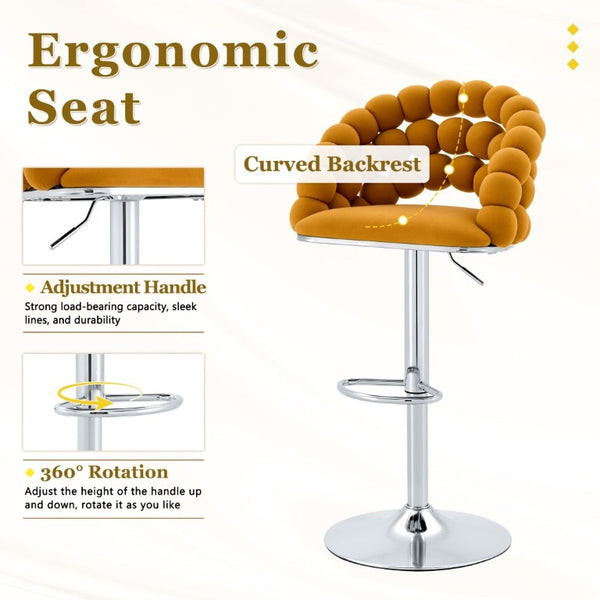 English Elm Adjustable Velvet Swivel Barstools with Bubble Backrest Chrome Base for Kitchen Island Orange, Silver W3875P462113