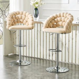 English Elm Adjustable Velvet Swivel Barstools with Bubble Backrest Chrome Base for Kitchen Island Beige, Silver W3875P462114