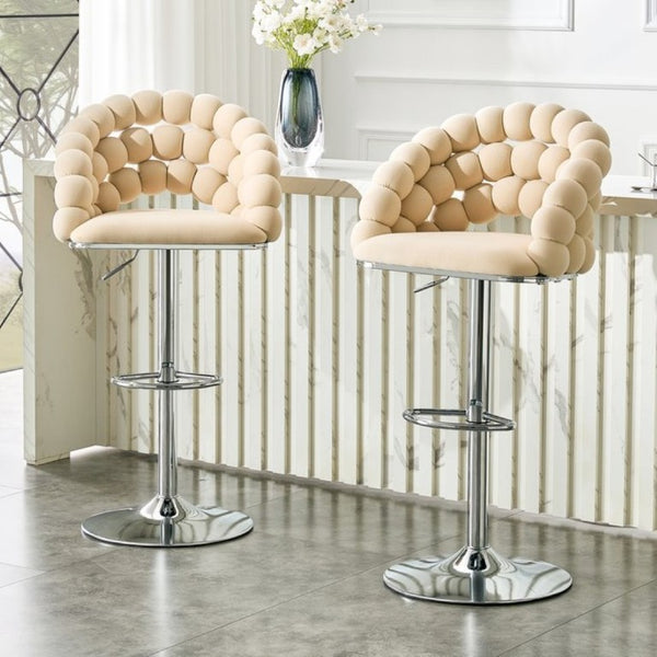 English Elm Adjustable Velvet Swivel Barstools with Bubble Backrest Chrome Base for Kitchen Island Beige, Silver W3875P462114