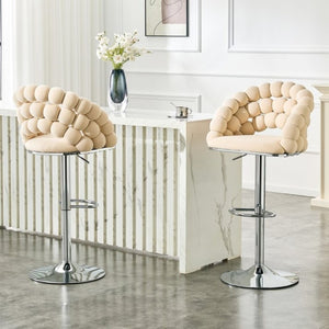 English Elm Adjustable Velvet Swivel Barstools with Bubble Backrest Chrome Base for Kitchen Island Beige, Silver W3875P462114