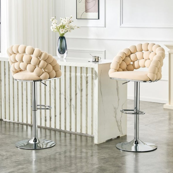 English Elm Adjustable Velvet Swivel Barstools with Bubble Backrest Chrome Base for Kitchen Island Beige, Silver W3875P462114