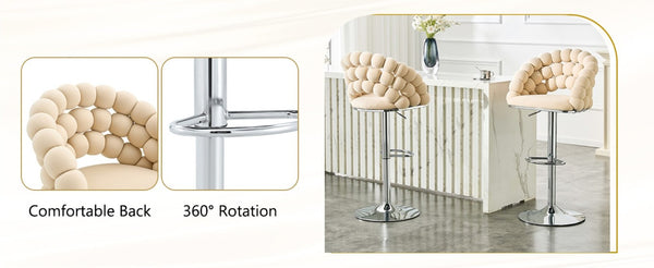 English Elm Adjustable Velvet Swivel Barstools with Bubble Backrest Chrome Base for Kitchen Island Beige, Silver W3875P462114