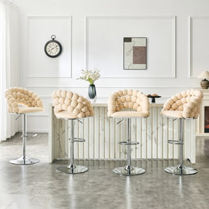 English Elm Adjustable Velvet Swivel Barstools with Bubble Backrest Chrome Base for Kitchen Island Beige, Silver W3875P462114