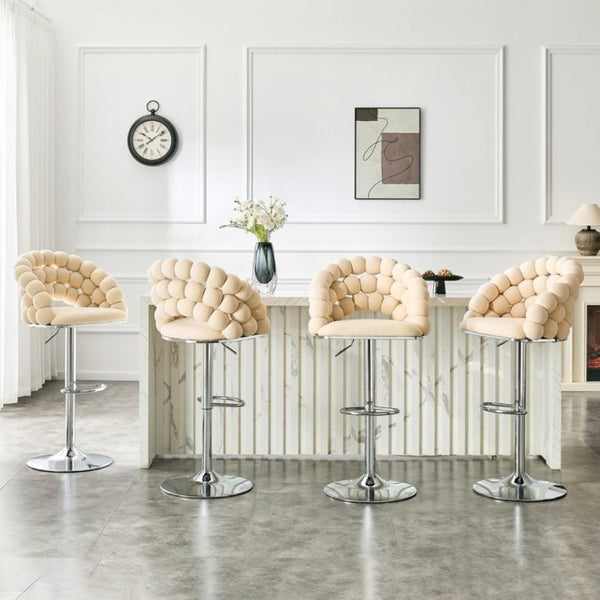 English Elm Adjustable Velvet Swivel Barstools with Bubble Backrest Chrome Base for Kitchen Island Beige, Silver W3875P462114