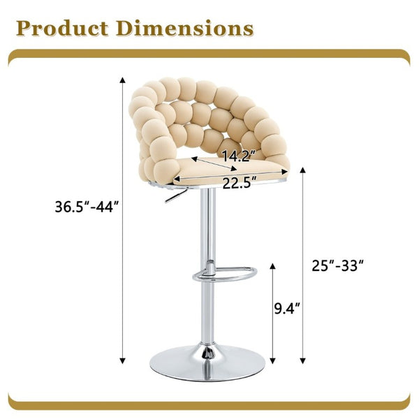 English Elm Adjustable Velvet Swivel Barstools with Bubble Backrest Chrome Base for Kitchen Island Beige, Silver W3875P462114