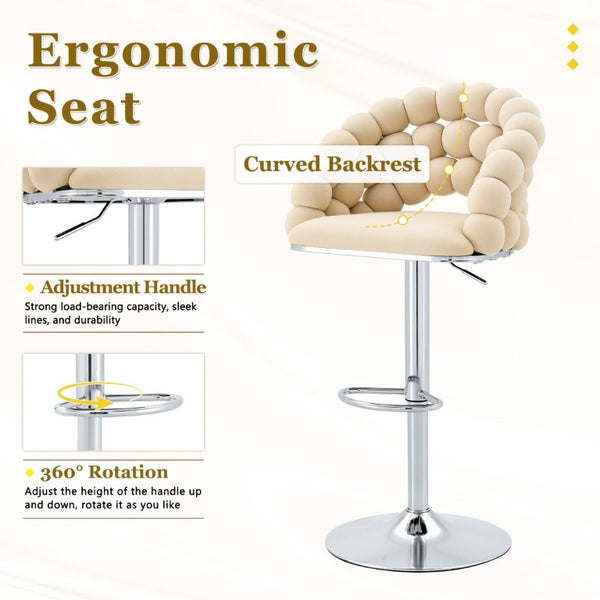 English Elm Adjustable Velvet Swivel Barstools with Bubble Backrest Chrome Base for Kitchen Island Beige, Silver W3875P462114