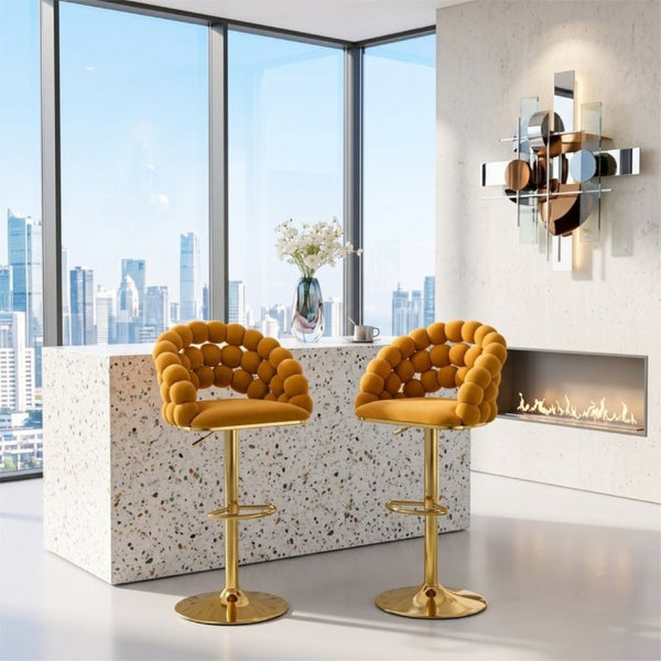 English Elm Adjustable Velvet Swivel Barstools with Bubble Backrest Chrome Base for Kitchen Island Gold, Orange W3875P462115