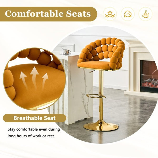 English Elm Adjustable Velvet Swivel Barstools with Bubble Backrest Chrome Base for Kitchen Island Gold, Orange W3875P462115