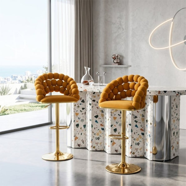 English Elm Adjustable Velvet Swivel Barstools with Bubble Backrest Chrome Base for Kitchen Island Gold, Orange W3875P462115