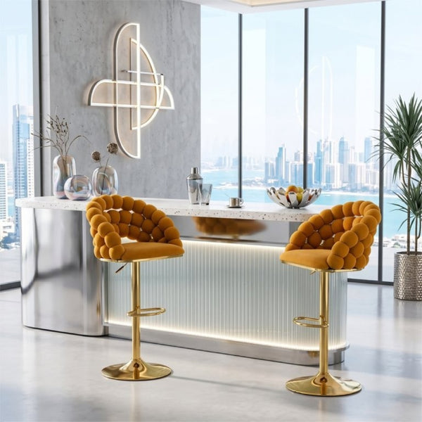 English Elm Adjustable Velvet Swivel Barstools with Bubble Backrest Chrome Base for Kitchen Island Gold, Orange W3875P462115