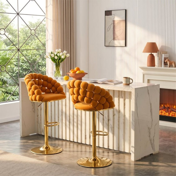 English Elm Adjustable Velvet Swivel Barstools with Bubble Backrest Chrome Base for Kitchen Island Gold, Orange W3875P462115