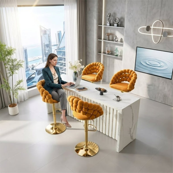 English Elm Adjustable Velvet Swivel Barstools with Bubble Backrest Chrome Base for Kitchen Island Gold, Orange W3875P462115