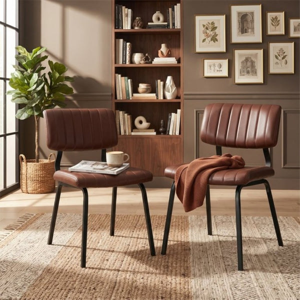 English Elm 2 Brown PU Leather Dining Chairs Channel Tufted Mid Century Industrial Steel Frame Set W3875P466924