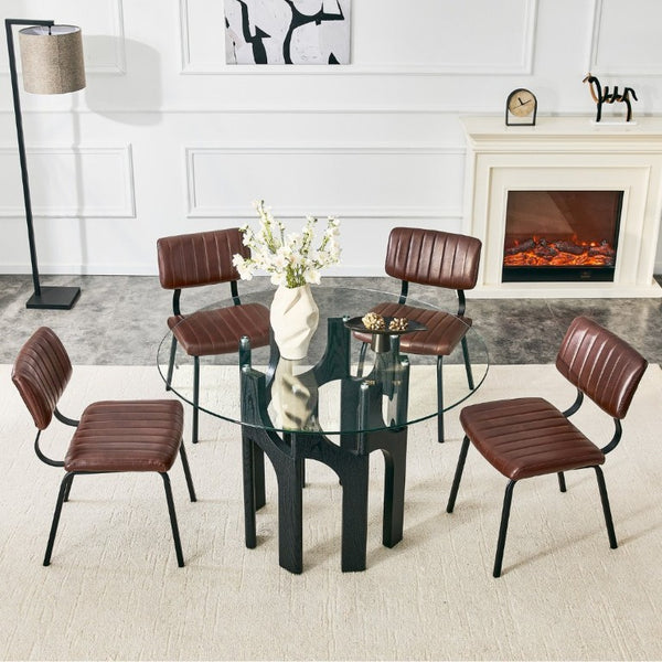 English Elm 2 Brown PU Leather Dining Chairs Channel Tufted Mid Century Industrial Steel Frame Set W3875P466924
