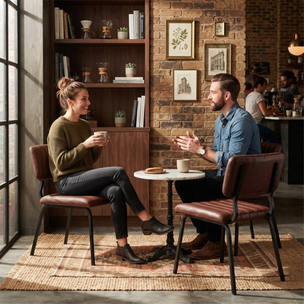 English Elm 2 Brown PU Leather Dining Chairs Channel Tufted Mid Century Industrial Steel Frame Set W3875P466924