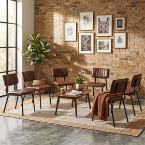 English Elm 2 Brown PU Leather Dining Chairs Channel Tufted Mid Century Industrial Steel Frame Set W3875P466924