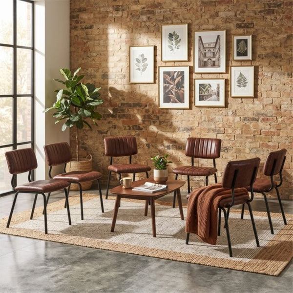 English Elm 2 Brown PU Leather Dining Chairs Channel Tufted Mid Century Industrial Steel Frame Set W3875P466924